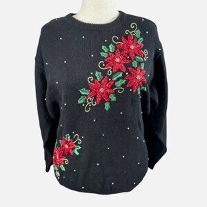 Victoria Jones Black Christmas Sweater Poinsettia Beaded Embroidery (Size 1XL)